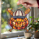 Halloween Baseball Pumpkin Acrylic Suncatcher, Stained Glass Style Jack O’Lantern with Bat Cap Window Hanging, Sporty Fall Home Décor Gift